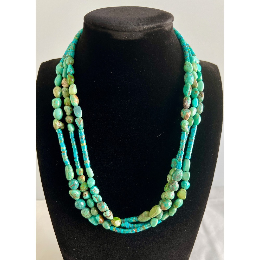 VTG Turquoise Beaded Necklace 925 Sterling Silver 3 Strand Heishi Nugget Artisan
